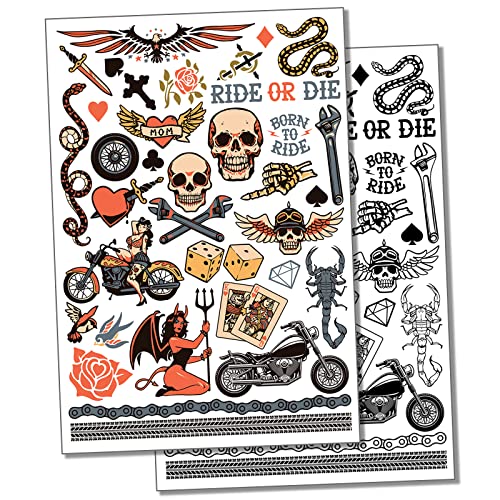 Biker Skull Temporary Tattoos - Water Resistant Sheet