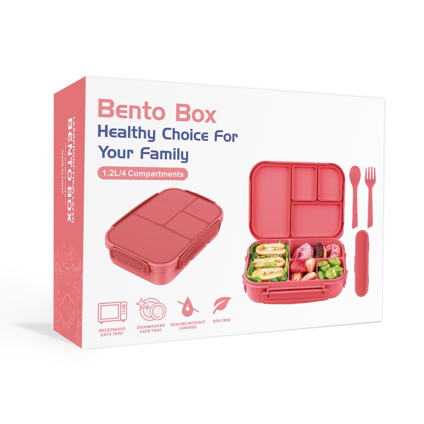 Amathley Lunch Box Kids,Bento Box Adult,Leakproof Lunch Containers for Adults/Kids/Toddler,1200ML-4 Compartments bento Lunch box with Utensil,Microwave & Dishwasher & Freezer Safe (Pink Berry)