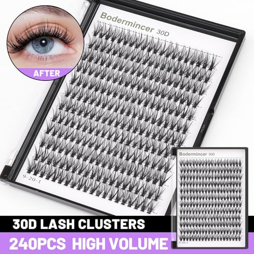 Bodermincer 10D/20D/30D/40D/50D/60D/80D 240 Clusters Lashes C/D Curl 10-12-14-16mm MIX/14-16-18-20mm MIX Fluffy Single Cluster False Lashes Premade Volume Fans (30D-14MM, D Curl)