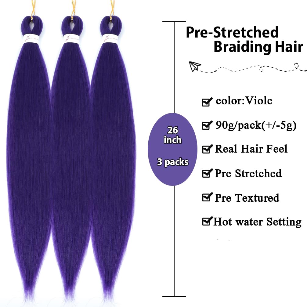 Purple Braiding Hair Pre Stretched Purple Hair Extensions 26 Inch Box Braids Hair Extensions Human Braiding Hair(3 Pacjks,viole#)