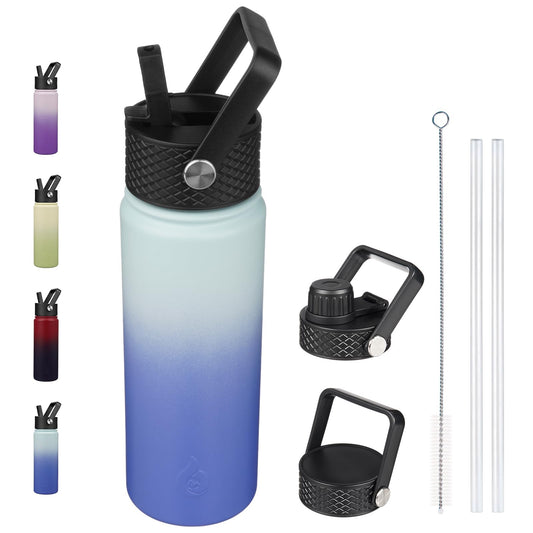 BJPKPK Insulated Water Bottles with Straw Lid, 22oz Cold & Hot Water Bottle, Stainless Steel Metal Water Bottle with 3 Lids, Reusable Thermos, Cups, Mugs for Daily Water Intake-Sky