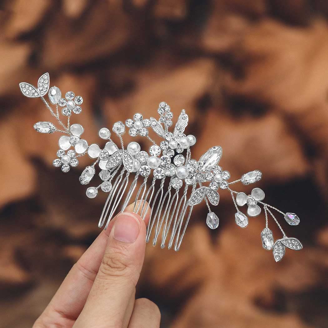 Casdre Crystal Bride Wedding Hair Comb Rhinestone Bridal Hair Piece Flower Hair Accessories for Women and Girls (B Silver)