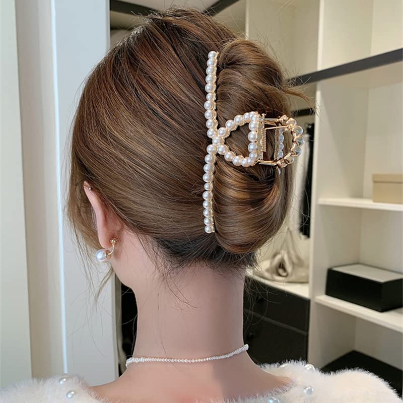 BetterJonny 3 PCS Metal Pearl Hair Clip Claws, Rhinestone Hair Clips for Women Girls, Large Hair Clips, Long Hair Jaw Clips, Hair Accessories for Thick Hair