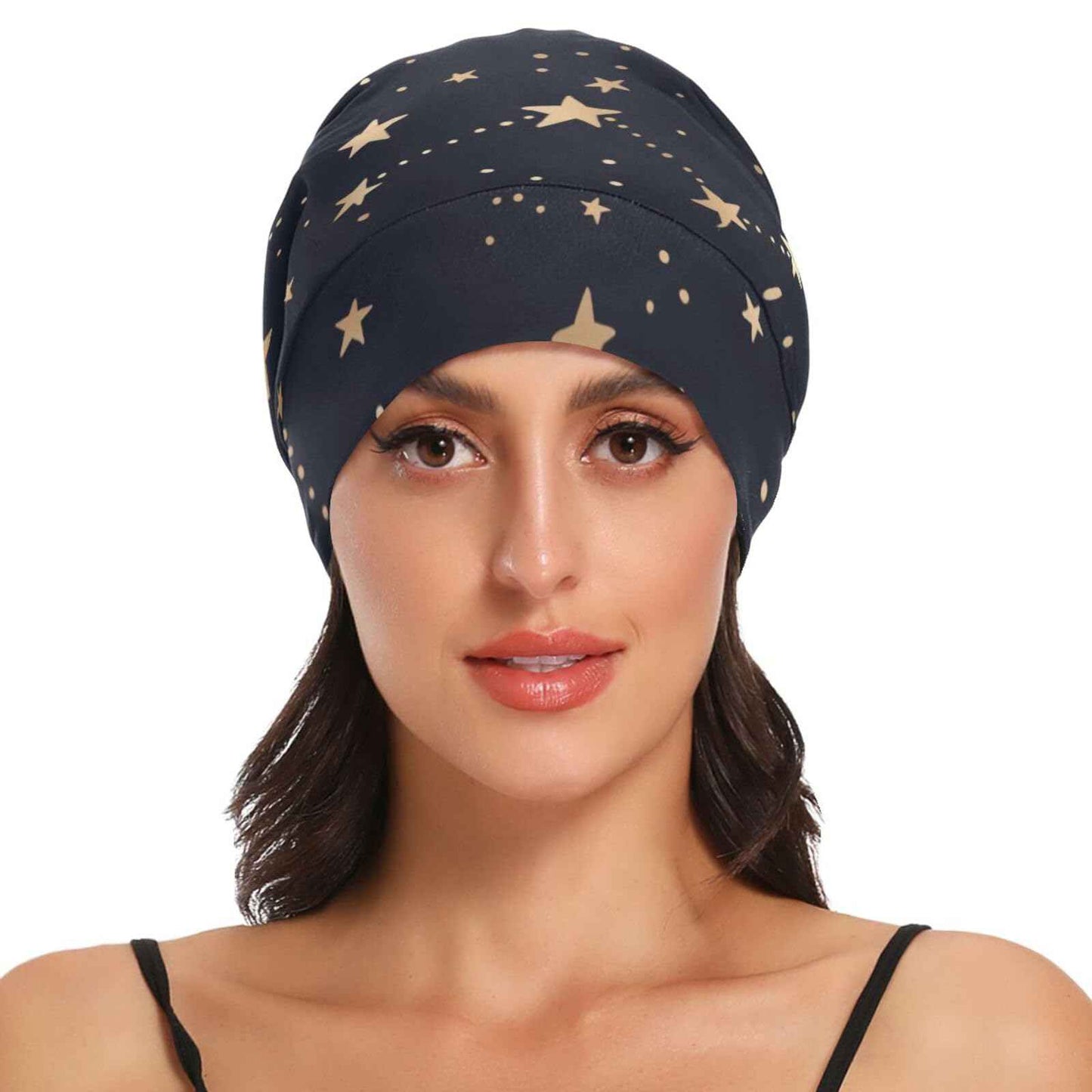 Satin Bonnet Hair Wrap for Sleeping Lined Beanie Sleep Cap for Curly Hair Women Men Gold Stars