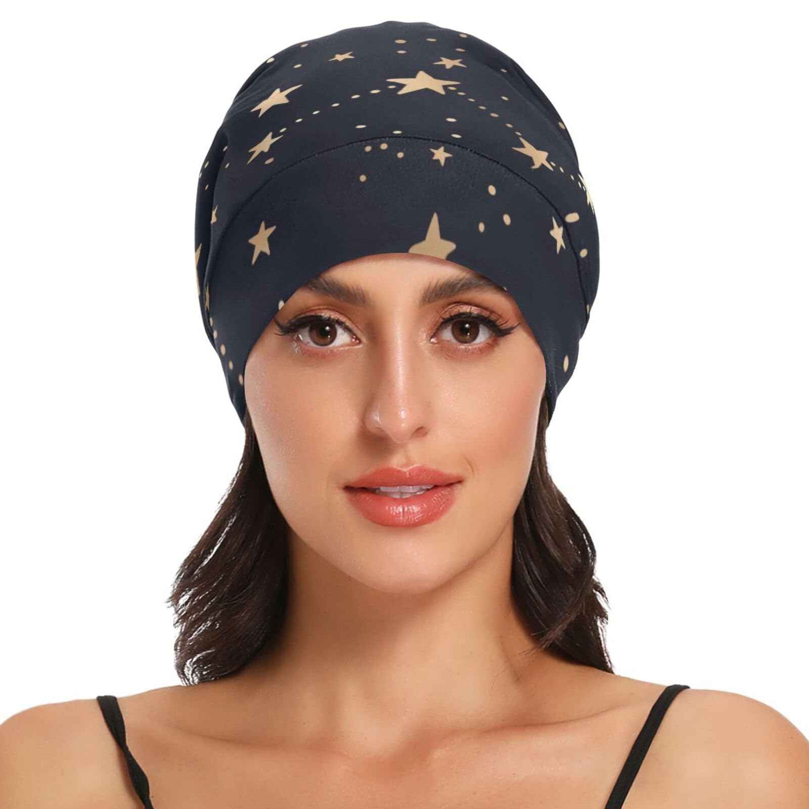 Satin Bonnet Hair Wrap for Sleeping Lined Beanie Sleep Cap for Curly Hair Women Men Gold Stars