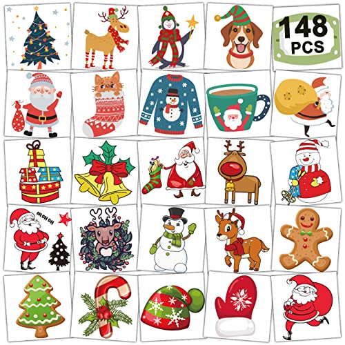 148 PCS Christmas Temporary Tattoos for Kids - Xmas Individual Tattoos for Kids Christmas Party Favors, Stocking Stuffer, Christmas Eve Gift