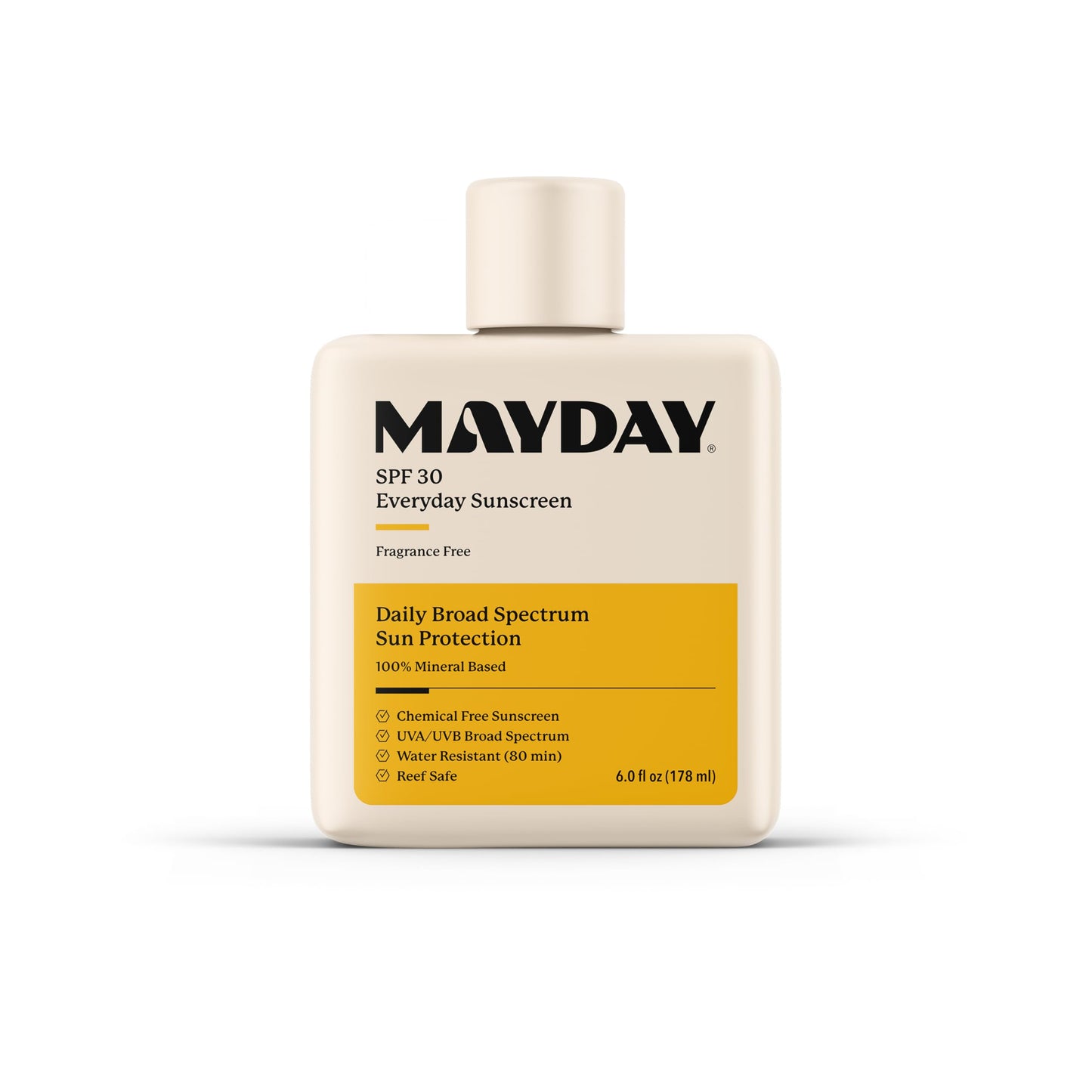 MAYDAY SPF 30 Everyday Sunscreen – Chemical-Free, Fragrance-Free, Water-Resistant Broad Spectrum Protection for Face & Body – Suitable for All Skin Types – 6 oz (178ml)