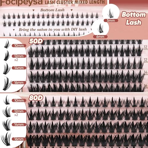 Focipeysa Wispy Lash Clusters Kit Spike Lash Extensions Kit 50D 80D Cluster Lashes Kit 10-16mm Clusters Lash Extension Manga Wispy Individual Eyelashes Extension DIY Salon Effect Lash Extension