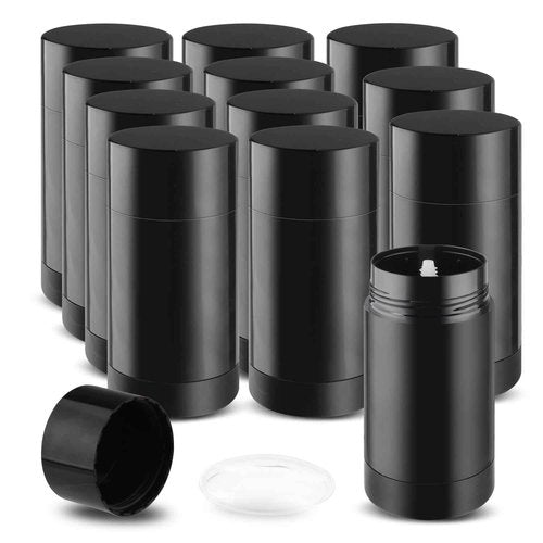 DMuuuDM 12 Pack 2.5 oz/75ml Plastic Deodorant Container,Empty Round Twist-Up Bottom Filling Stick Tube for Deodorant,Solid Lotion Bar,Body Balm,Soap Stick,Sunscreen-UPSIDE DOWN FILLING (Black)