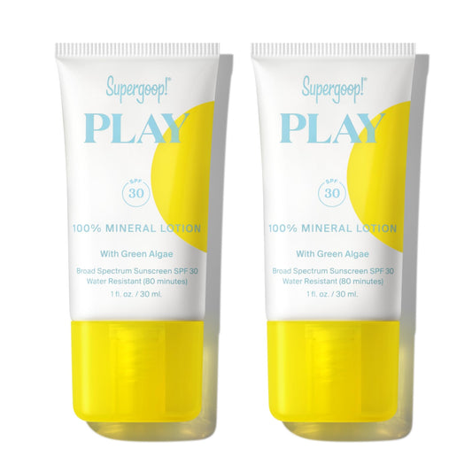 Supergoop! PLAY 100% Mineral Lotion - 1 fl oz, Pack of 2 - Broad Spectrum SPF 30 Sunscreen for Face & Body - Lightweight, Fast Absorbing, Water Resistant - With Green Algae