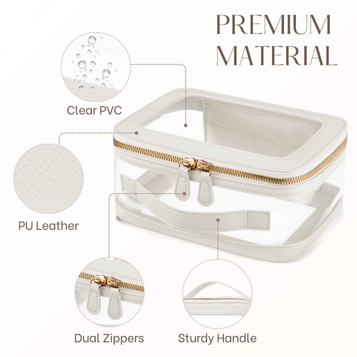 Oaque Clear Cosmetic Bag Set for Women Makeup Bag with Handle, TSA Travel Toiletry Bag Transparent Cosmetic Case Portable Make Up Organizer Bag for Essentials (White, Mini+S)