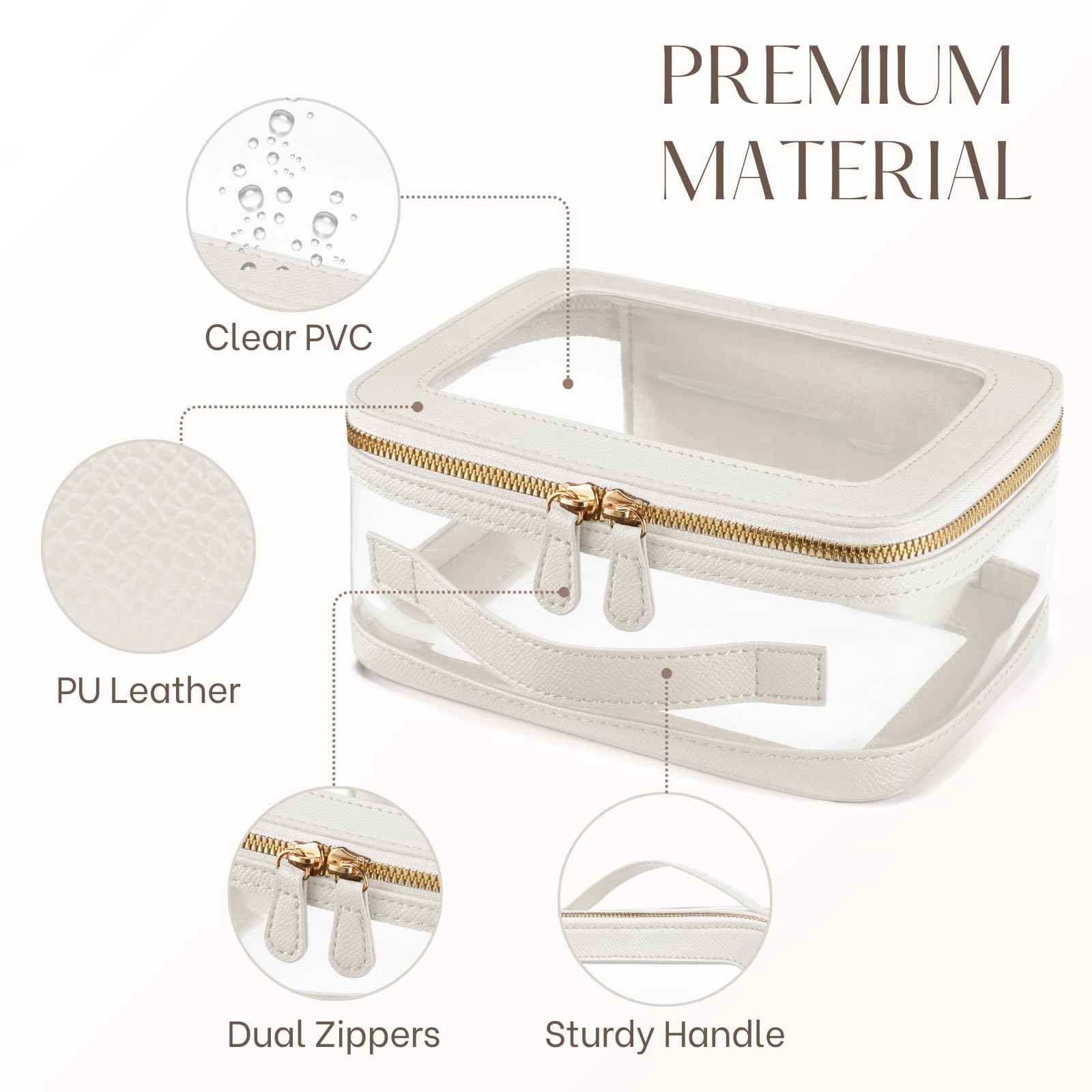 Oaque Clear Cosmetic Bag Set for Women Makeup Bag with Handle, TSA Travel Toiletry Bag Transparent Cosmetic Case Portable Make Up Organizer Bag for Essentials (White, Mini+S)