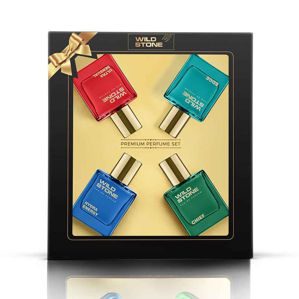 Wild Stone Men’s 4-Pack Eau de Parfum Gift Set (4 × 1 oz / 30 ml) — Edge, Ultra Sensual, Hydra Energy & Chief — Long-Lasting Masculine Fragrances