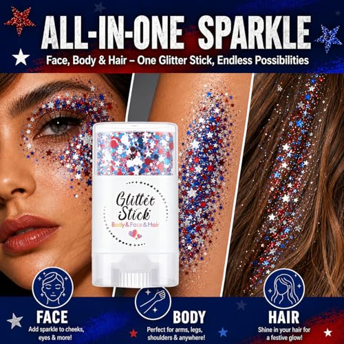 Red White Blue Glitter Stick - Waterproof 4th of July Face Makeup