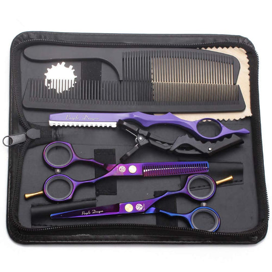 5.5 inch Purple Hair Cutting Scissors Set with Razor, Leather Scissors Case, Barber Hair Cutting Shears Hair Thinning/Texturizing Shears for Professional Hairdresser or Home Use (Purple)