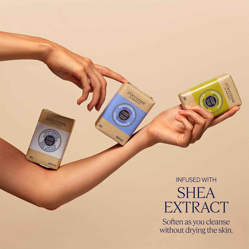 L'OCCITANE Shea Butter Extra-Gentle Solid Hand & Body Soap: Citrusy Shea Verbena, Relaxing Shea Lavender, Shea Milk, Vegetable Based, Artisanal, Vegan