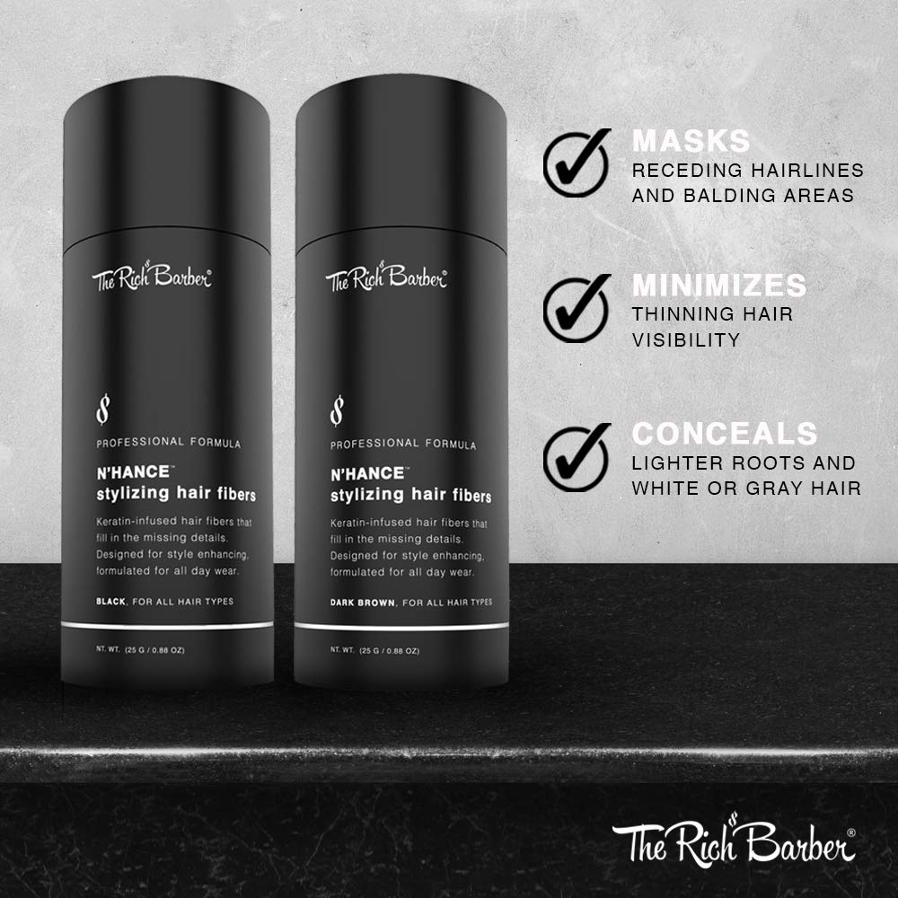 The Rich Barber N’Hance Hair Building Fibers, 3 Month Supply - Barber Hair Thickening Fibers, 25 grams - Grey Hair Concealer Spray - Sharper Hairlines, Thicker Beard & Fuller Hairstyling (Black)