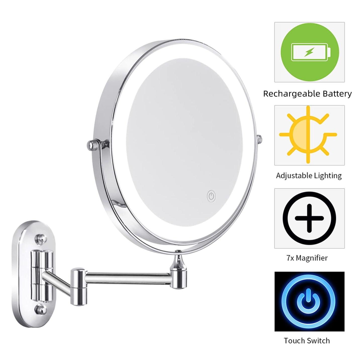 Nicesail LED Lighted Wall Makeup Mirror of 8-Inch, 1X/7X-Magnification with Touch Switch, Adjustable Brightness, Rechargeable Battery(Included), Double Sided Mirror in Chrome Finish (8in,7X)