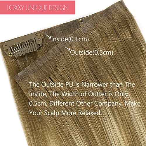 Loxxy Seamless Clip in Extensions Remy Human Hair Thick End Invisible Balayage PU Clip in Skin Weft Hair Extensions Natural Straight 16Inch 110gram 7 PCS Light Brown Fading To Bleach Blonde #B8/60