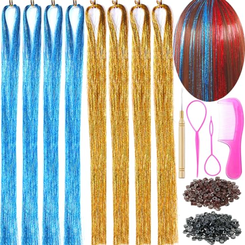 Hair Tinsel Extensions Kit - 8 Packs, Gold & Lake Blue Strands