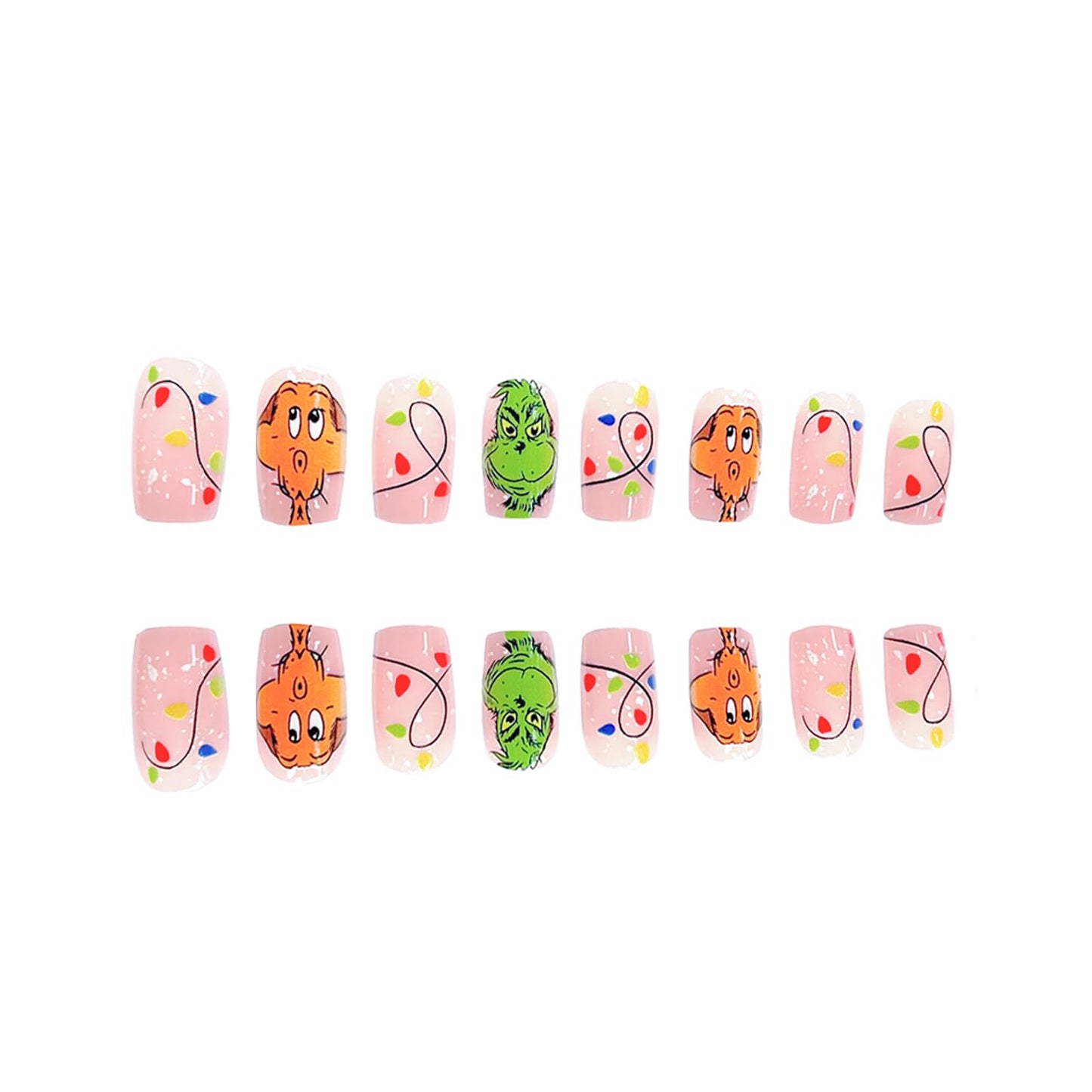 Christmas Press on Nails Medium Length Square Fake Nails with Glitter Design Full Cover Acrylic Nails Winter Monster False Nails with Designs Cute Xmas Artificial Nails Nail Decorations for Women