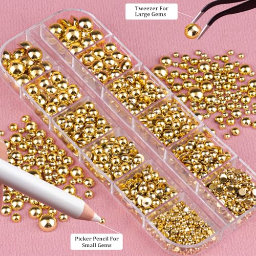 Belleboost Gold Flatback Pearls for Nails - 6 Sizes Nail Art Kit with Tools