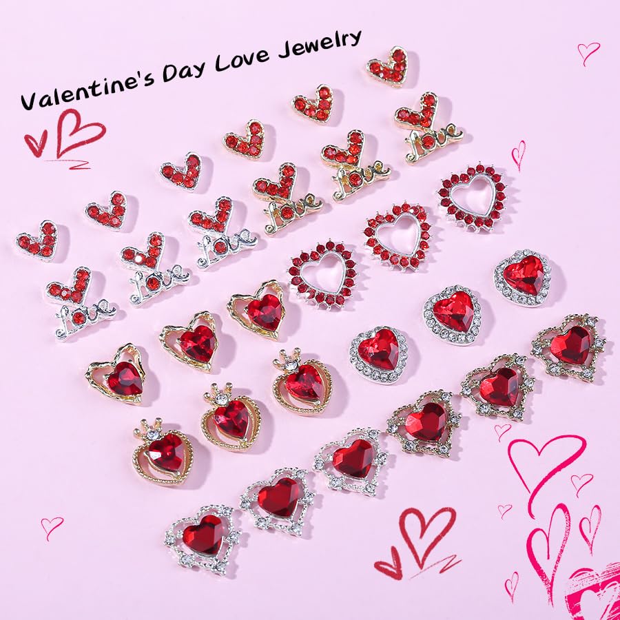 30 Pcs Valentine’s Day Nail Charms 3D Alloy Nail Art Charms 3D New Heart Love Shape Red Valentine's Day Gems Design for Manicure Craft DIY Diamond Nail Rhinestone Manicure Accessories