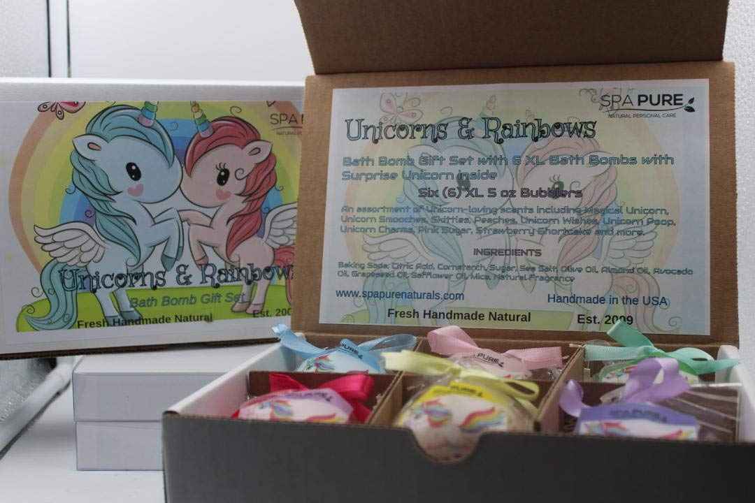 SPAPURE Unicorns and Rainbows - Bath Bomb Gift Set with 6 XL Unicorn bath bombs with surprise unicorns inside, USA Made, Handmade, Natural Bath Bombs, Birthday Gift idea for Kids (6 Count) Pack of 1