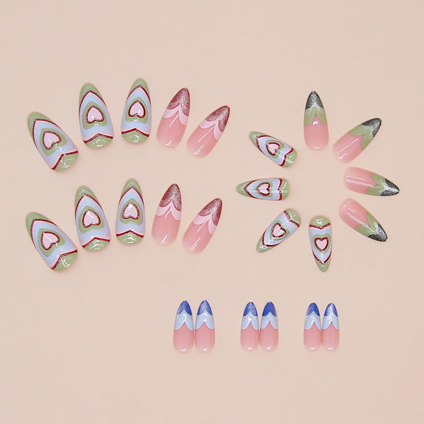 Long Press on Nails Almond Fake Nails Nude Pink RIICFDD False Nails with Colorful Glitter Heart Pattern Designs Artificial Glossy Full Cover Cute False Nails for Women and Girls Acrylic Nails 24Pcs