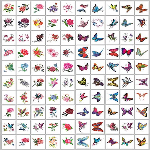 ELANE 100 Pcs Butterfly Flower Waterproof Temporary Tattoos for Women,Fake Tattoos for Kids,Small Temporary Tattoos for Women Sexy,Fake Tattoos for Girls