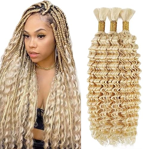 #613 Blonde Human Braiding Hair Deep Wave Bulk 22 22 22 Inch Human Hair Weave 3 Bundle Unprocessed Brazilian Virgin Hair Honey Blonde Deep Curly Braiding Hair Extensions 50 Grams/Bundle