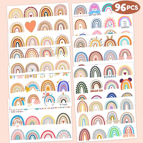 Boho Rainbow 1st Temporary Tattoos 8 Sheets 96PCS Rainbow Party Decorations Supplies Favors Boho Pastel Theme Birthday Cute Stickers Christmas Gifts for Boys Girls Class School Prizes Carnival