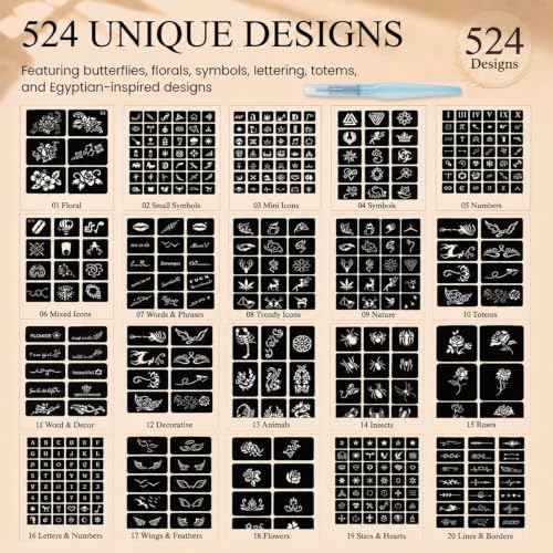 Koogel 524 Henna Tattoo Stencil Kit - Reusable Body Art Templates