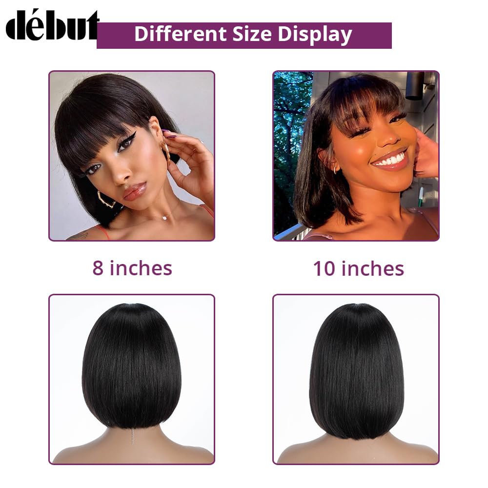 DÉBUT Short Bob Straight Wigs with Bangs Brazilian Human Virgin Hair Natural Black Non Lace Front Glueless Wig Brazilian Virgin Remy Hair 8 Inches