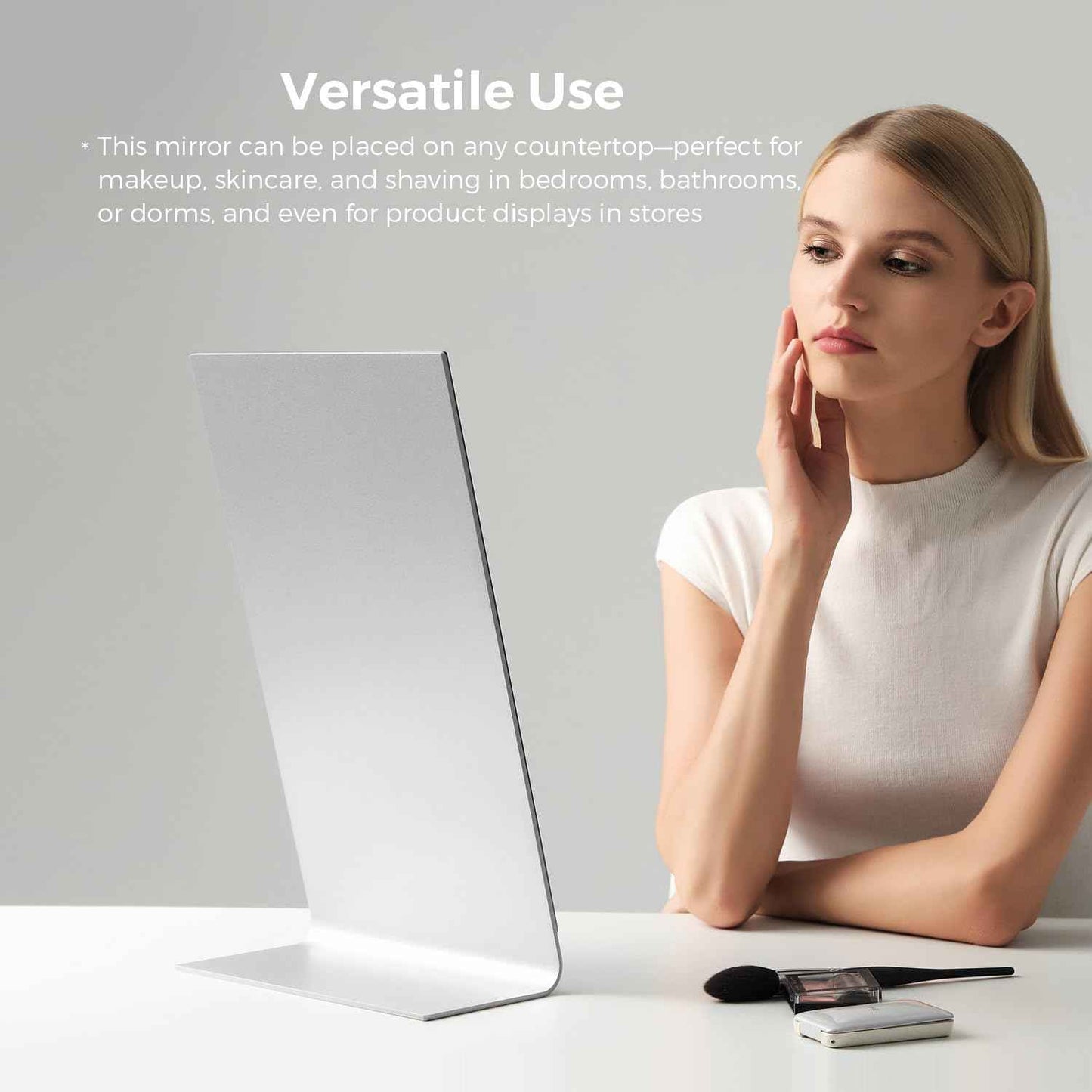 NEZZOE Frameless Makeup Mirror for Desk, 15 Inch Aluminum Standing Table Mirror, Large Counter Top Mirror