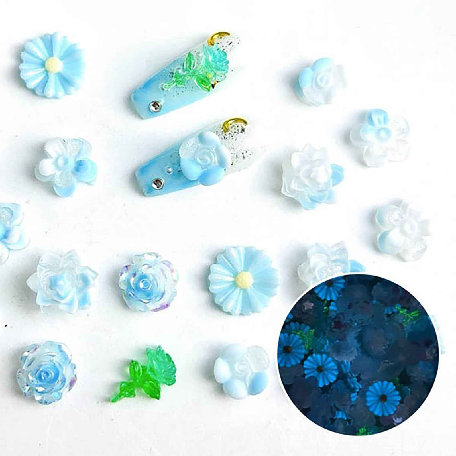 3D Flower Manicure Gems with Nail Rhinestone, Colorful Acrylic Double Color Nail Charms Rhinestones for Nails with Pickup & Dotting Tools Blue