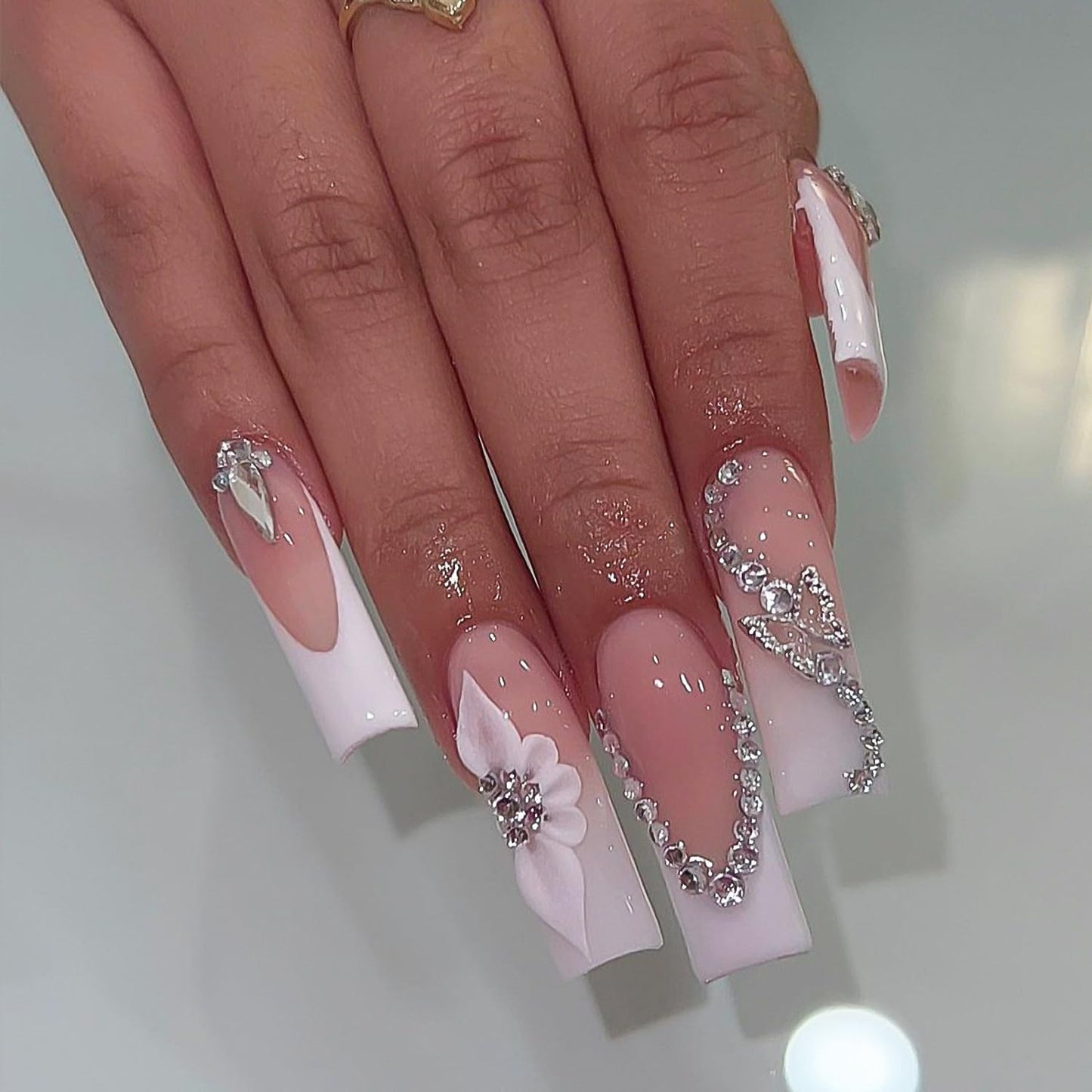 French Tip Press on Nails Long Square Fake Nails Nude Acrylic Nails Silvery Butterfly Charm Rhinestone Design Pink Glue on Nails Full Cover Glossy Stick on Nails Daily Nail Art for Women 24Pcs