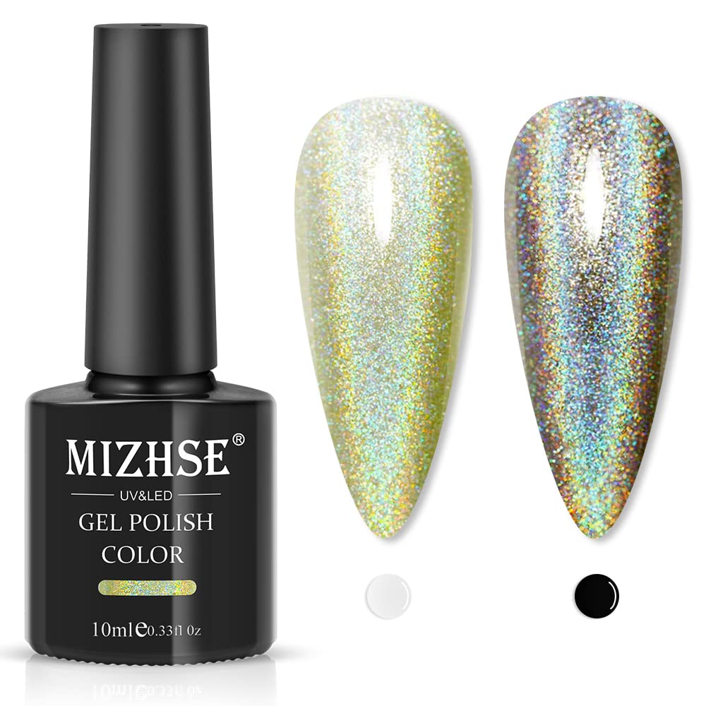 MIZHSE Green Holographic Gel Nail Polish, Laser Gel Nail Polish with Glitter Glossy Mermaid Unicorn Effect, Curing Required Nail Art Manicure Salon DIY at Home, 1PC 10Ml