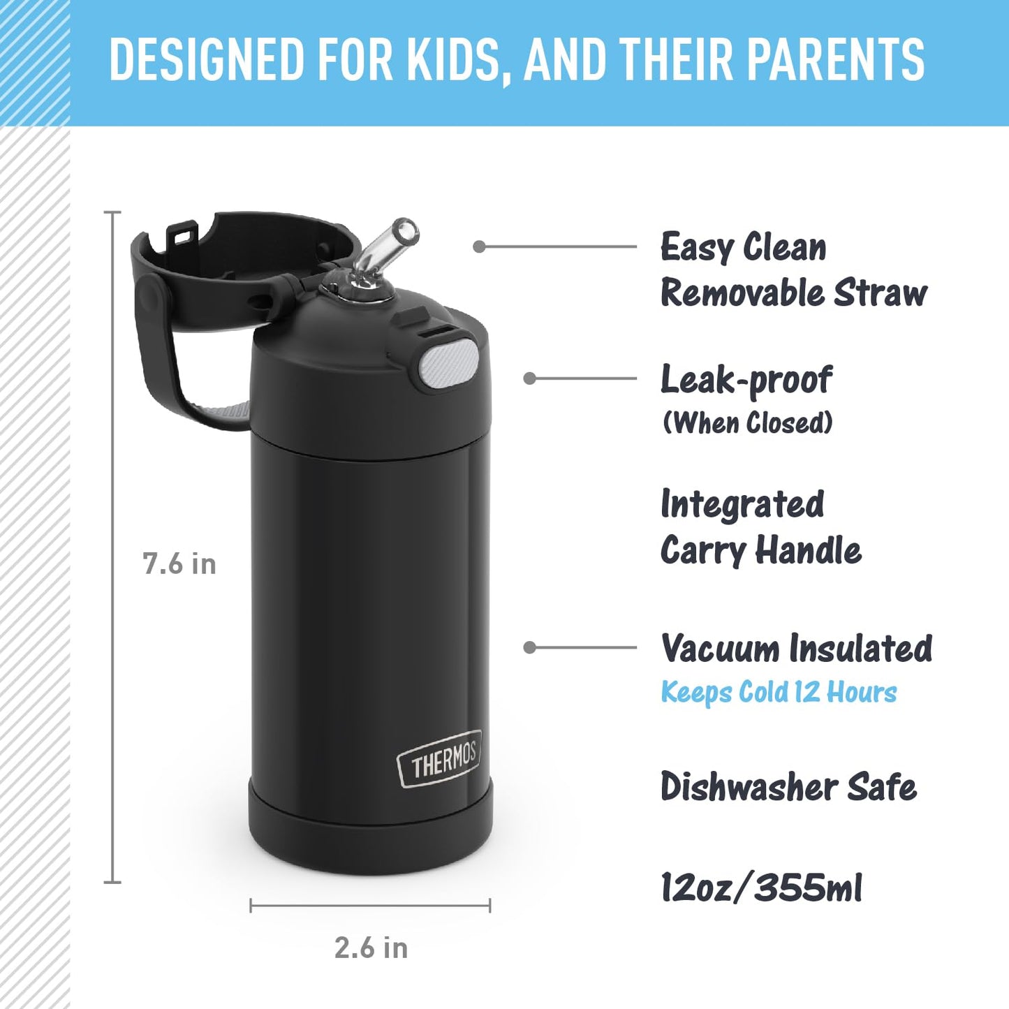 THERMOS FUNTAINER Water Bottle with Straw - 12 Ounce, Black - Kids Stainless Steel Vacuum Insulated Water Bottle with Lid