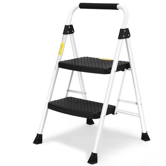 HBTower 2 Step Ladder, Folding Step Stool with Handgrip, 500 LBS Portable Steel Ladder for Adults and Kids, for Home Kitchen Library Office, White