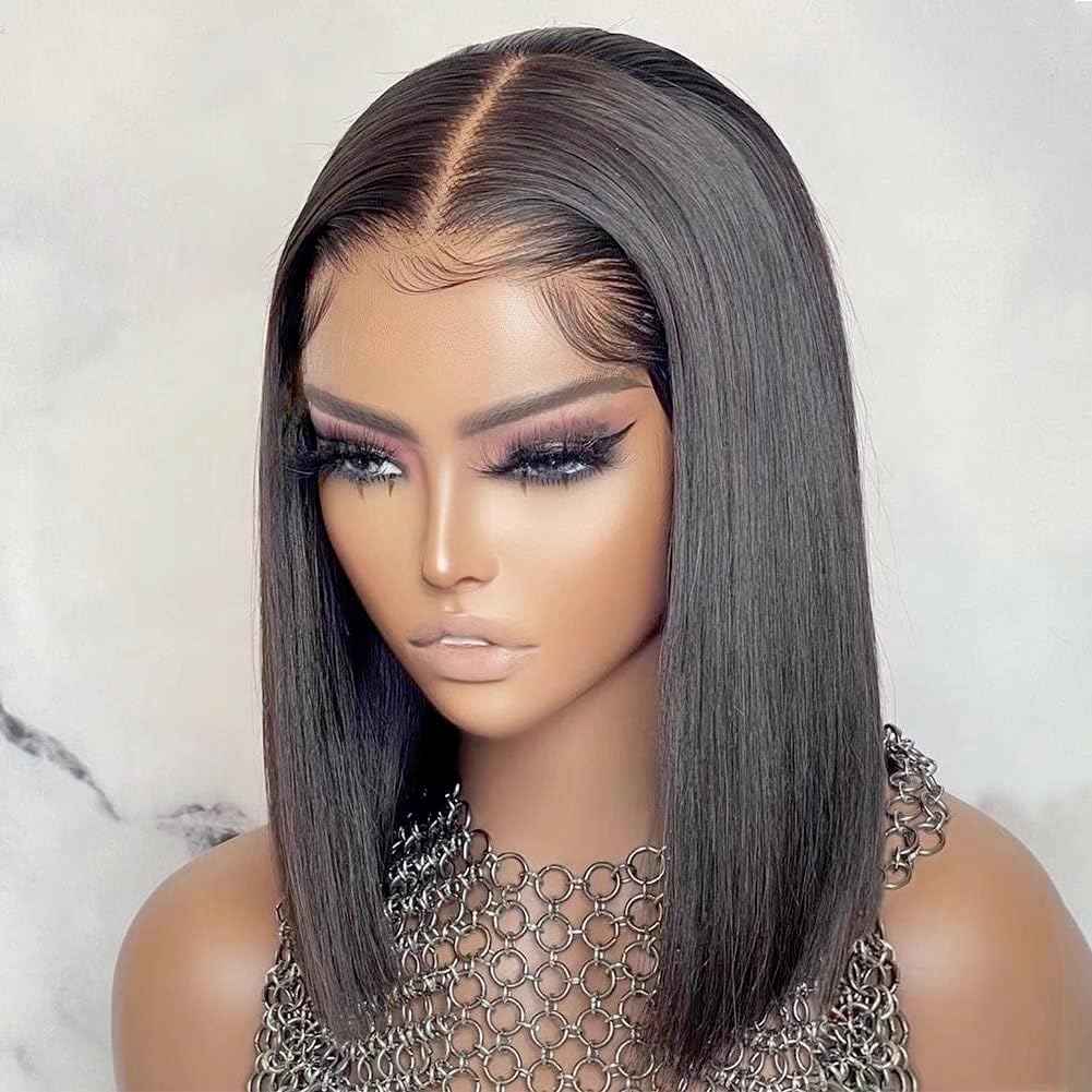 Nikiss Bob Wig Human Hair 13x6 Frontal Lace Wig Short Straight Bob Human Hair Wigs for Black Women 200 Density Pre Plucked with Baby Hair Natural Color 14 Inch