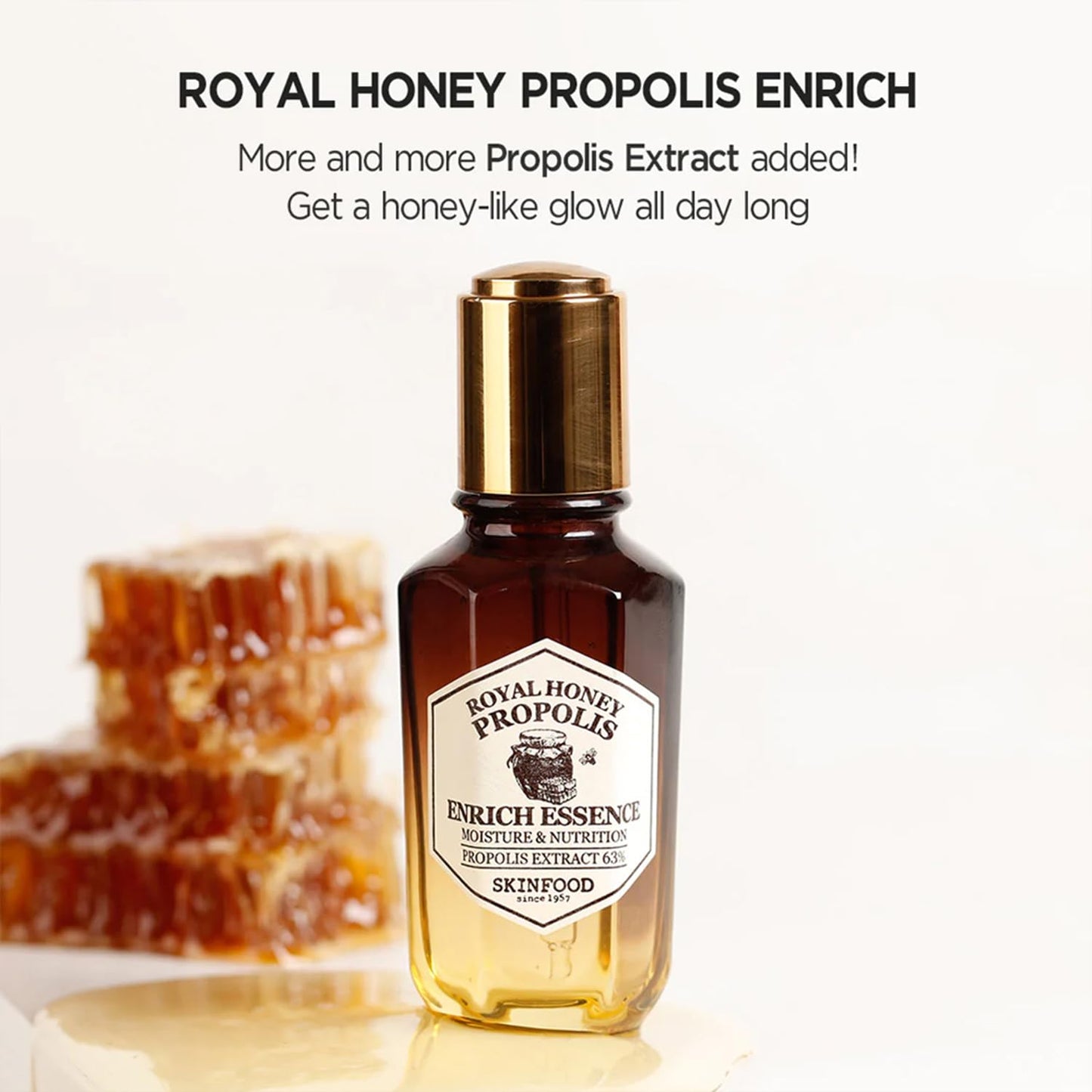 SKINFOOD Royal Honey Propolis Enrich Essence - 63% Black Bee Propolis & 10% Royal Jelly Extract Face Serum - Propolis Serum for Skin - 1.69 Fl. Oz. (50mL)