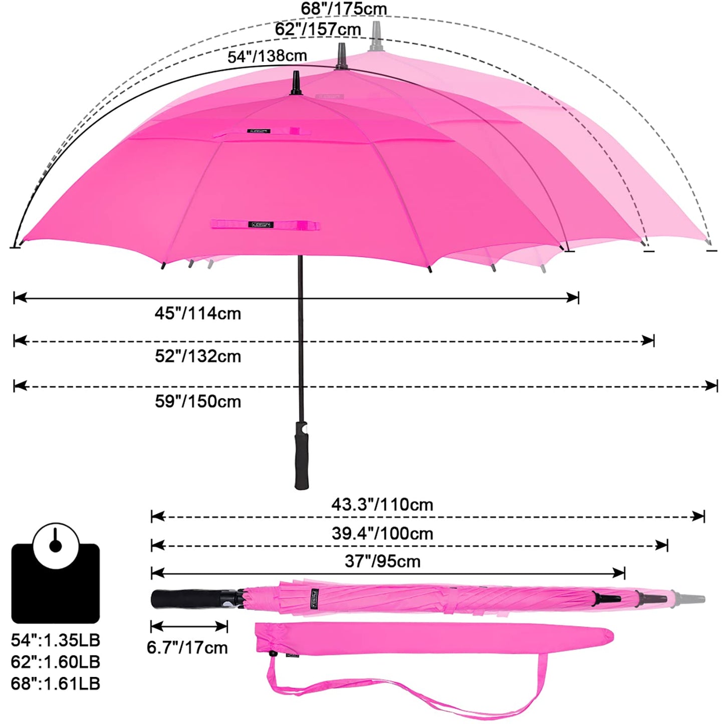 G4Free 62 Inch Automatic Open Golf Long Umbrella Extra Large Oversize Double Canopy Vented Windproof Waterproof Stick Umbrellas(Pink)