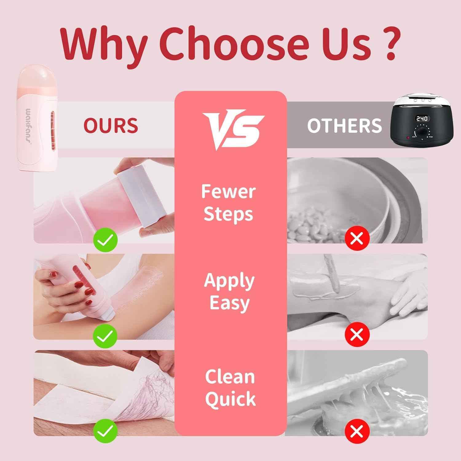 Wax Roller Kit- Easy Use Roll on Wax Kit with 4-6 Weeks Smooth Skin,Hair Remover for Larger Areas of the Body, Beginner-Friendly,with 50 Pcs Strips and 2 wax roller (Honey-2)