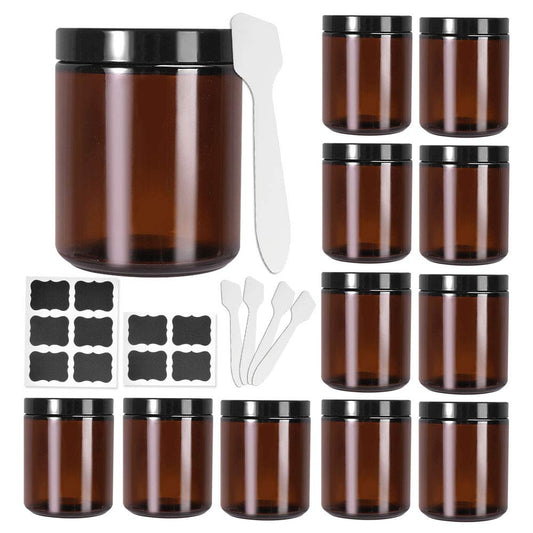 12 Pack, 8 oz Round Glass Jars with Black Plastic Lids, 240ml Amber Empty Candle Jars Cosmetic Jars Food Storage Containers, Canning Jars For Spice, Powder, Liquid, Sample, Face Cream Lotion