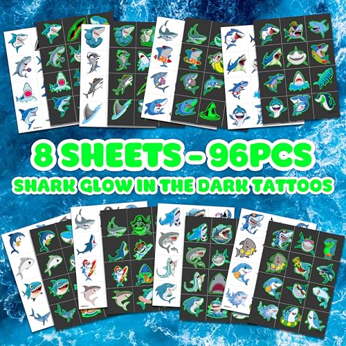 96 Pcs Glow In The Dark Shark Temporary Tattoos