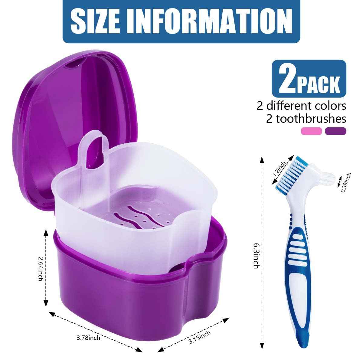 KISEER 2 Pack Denture Bath Case Cup Box Holder Storage Container with Denture Cleaner Brush Strainer Basket for Travel Cleaning (Pink and Purple)