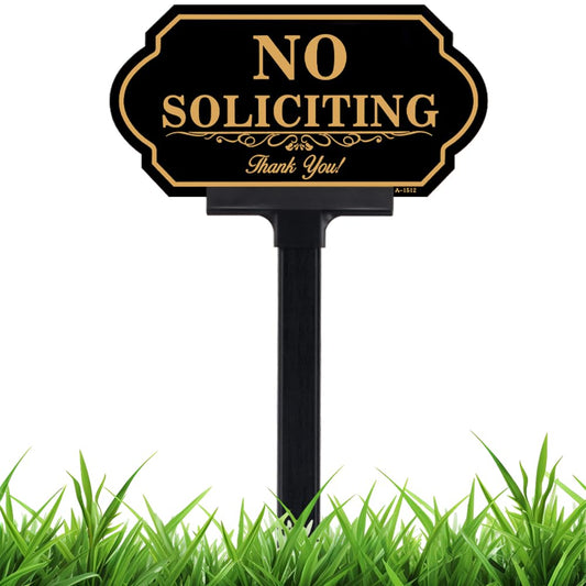 No Soliciting Sign for House with Stake - 50-mil Thick Aluminum - 5x10 Inch/37 Inch High - Adjustable Height - Outdoor Yard Sign for Home and Front Door (A1512)