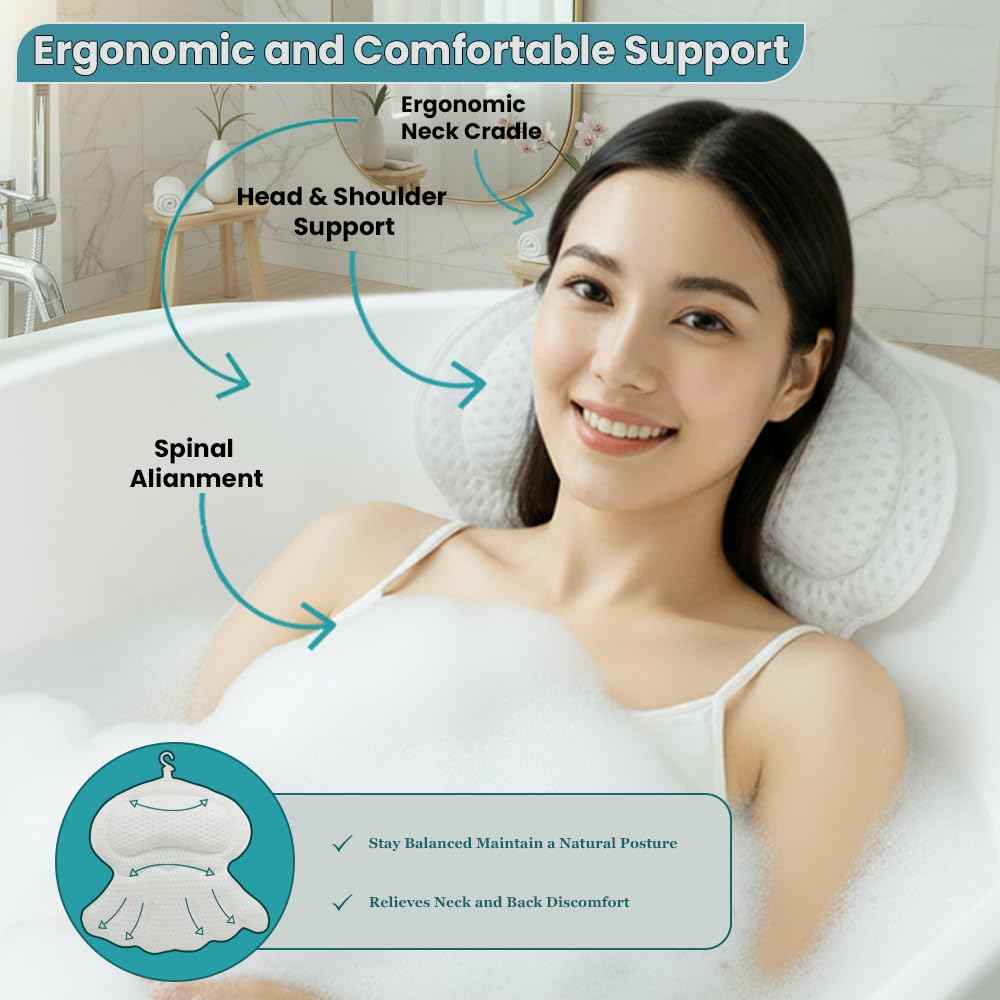 Bath Pillows for Tub, Bath Pillow Luxury Bathtub Pillows for Head and Neck Support - With 4D Air Mesh Fabric & Strong 6 Suction Cups, Tub Pillow For Bathtub, Bath Accessories & Spa Gifts For Women Men