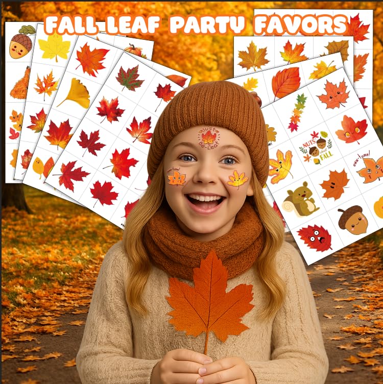 96 Fall Temporary Tattoos for Kids - Autumn Leaves & Pumpkins